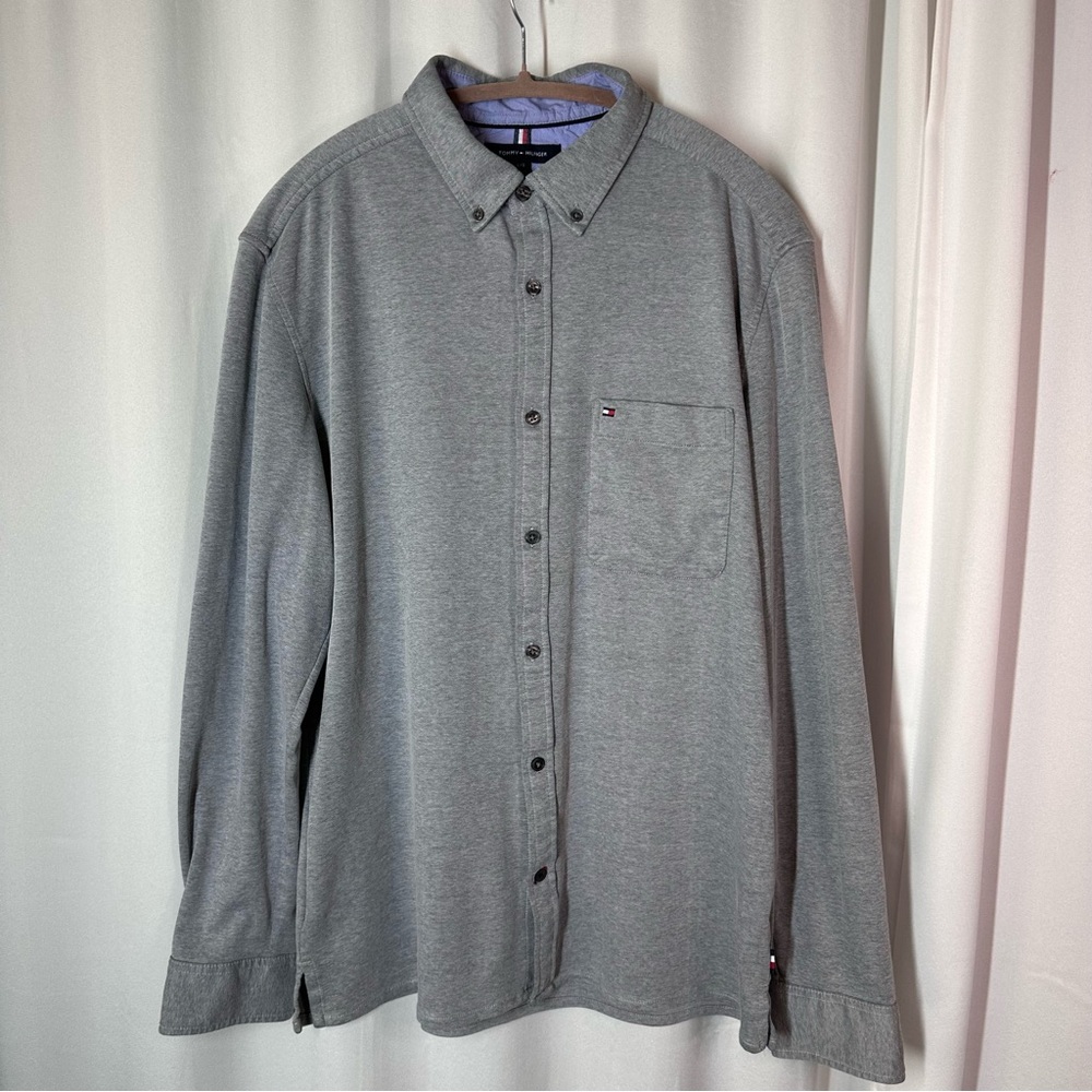 Tommy Hilfiger Men's Size L Slim Fit Gray Button Down Shirt Cotton Preppy Casual
